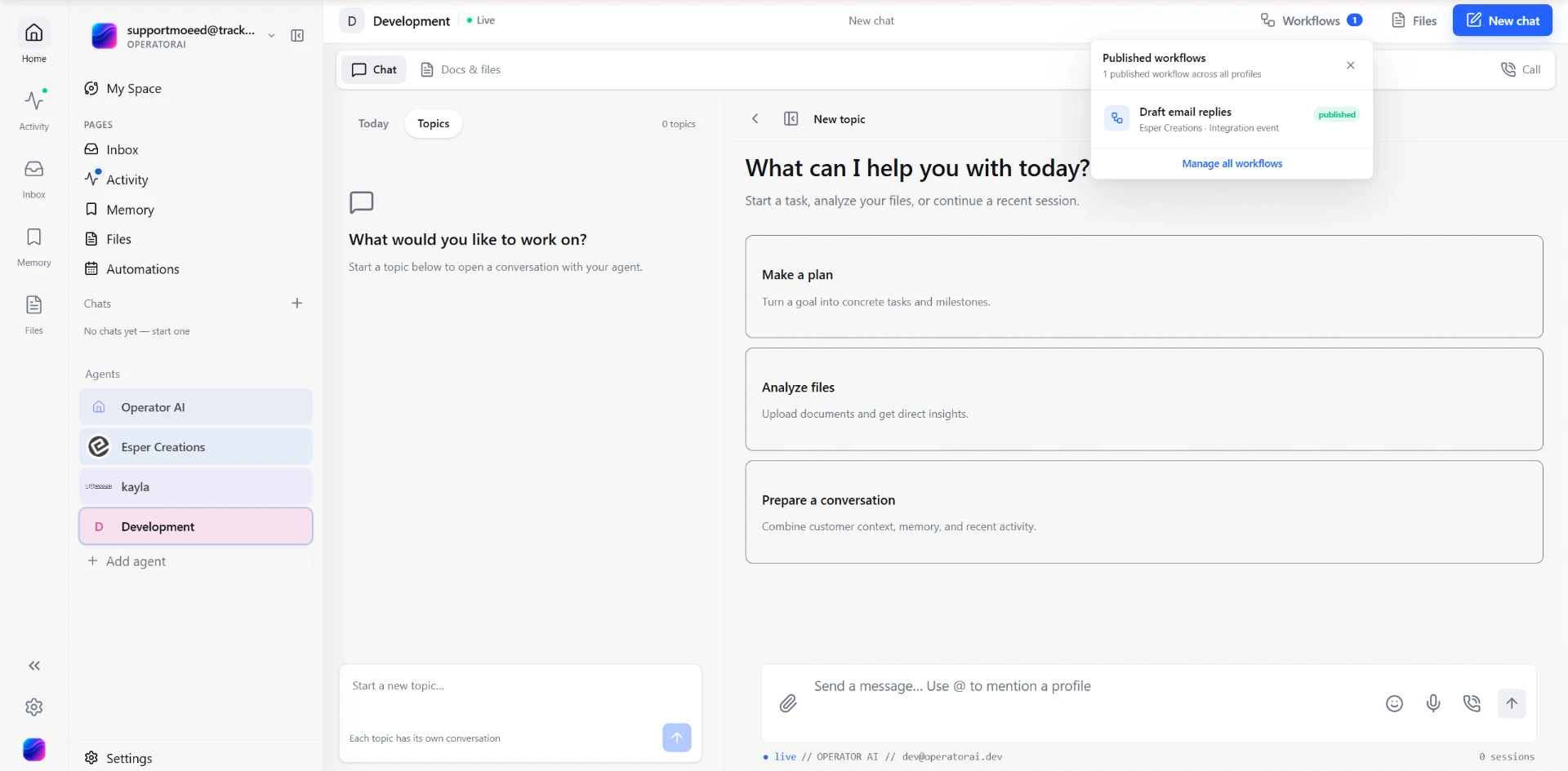 Operator AI dashboard with the Workflows button badge showing '1', and a 'Published workflows' dropdown listing one published workflow titled 'Draft email replies' under 'Esper Creations · Integration event', with a 'Manage all workflows' link.
