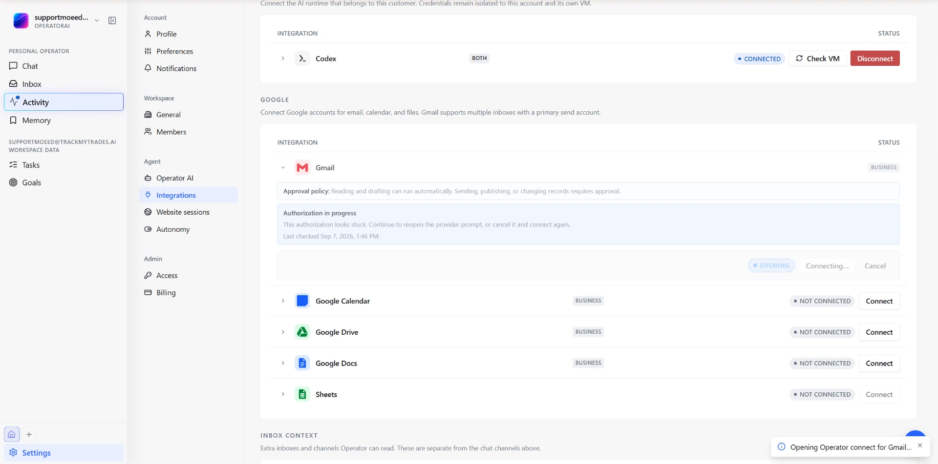 Gmail integration in Operator AI showing an authorization in progress panel with Opening, Connecting and Cancel controls.