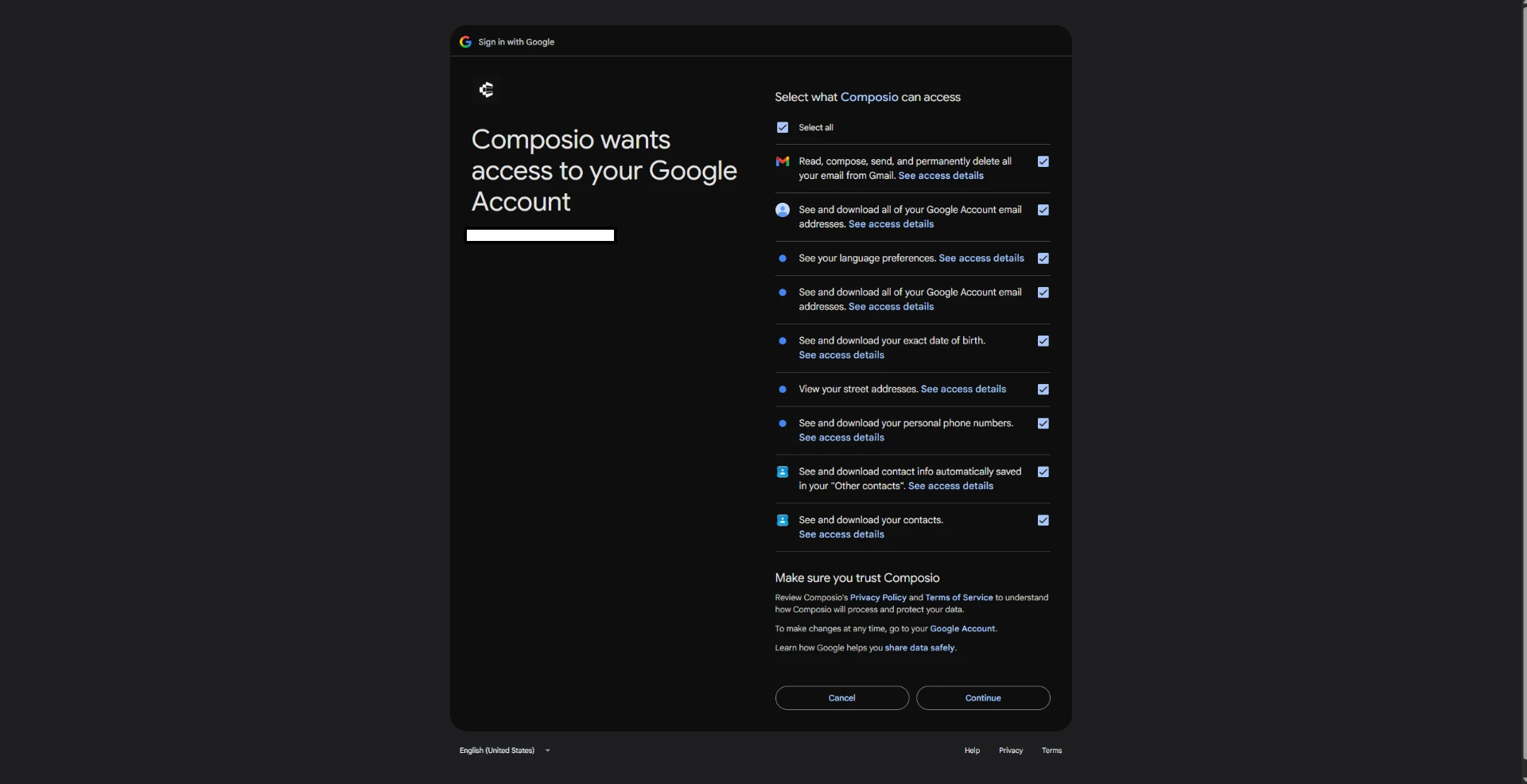 Google consent screen listing the individual permissions being requested, each with a checkbox and a see access details link.