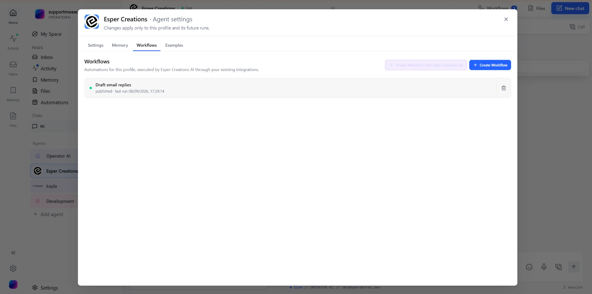 Esper Creations agent settings modal with the Workflows tab active, showing one published workflow titled 'Draft email replies' with its last run timestamp, plus 'Create Workflow' and 'Create Workflow with Esper Creations AI' buttons.