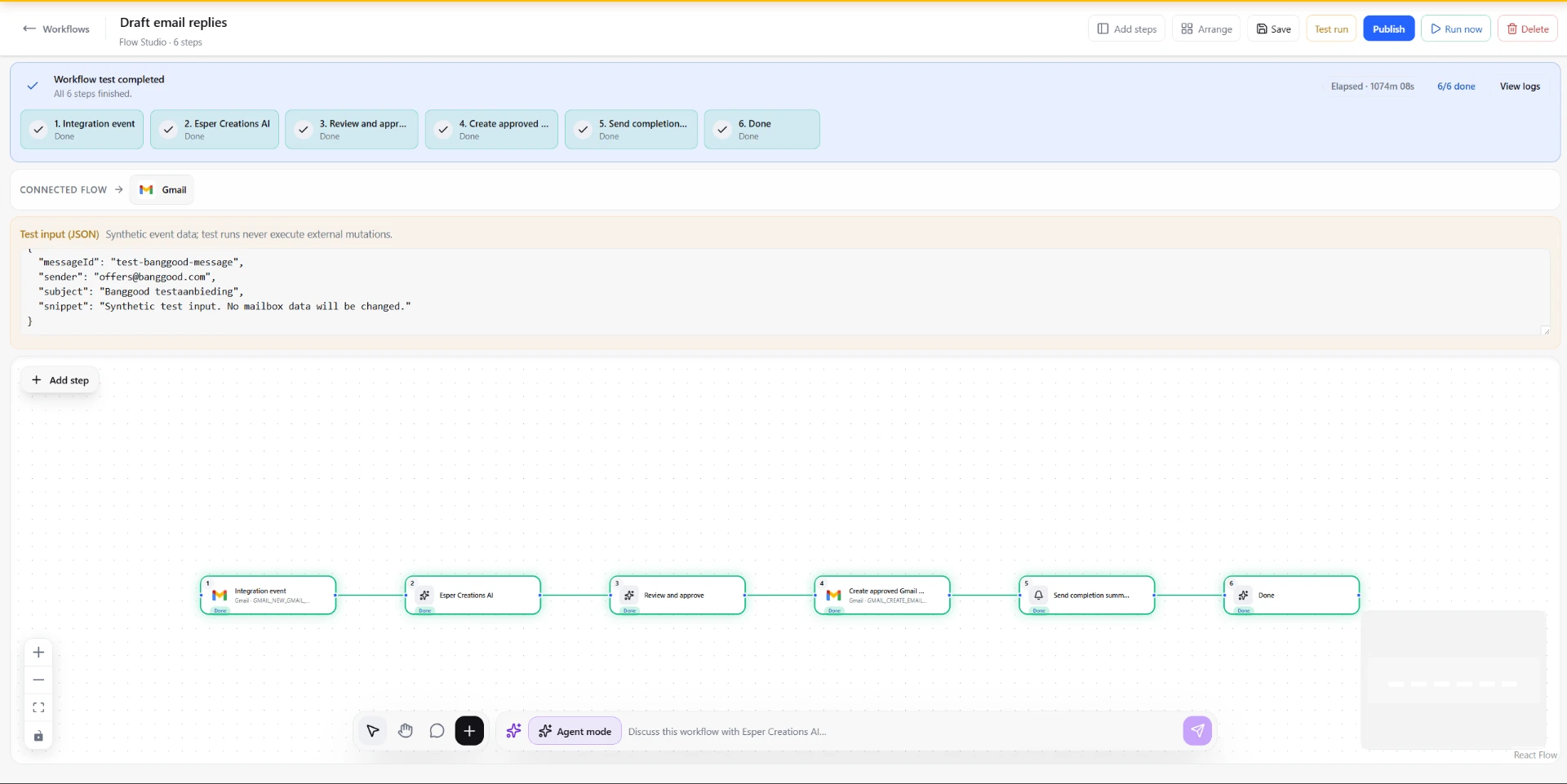 Flow Studio workflow editor showing a six-step node chain: an Integration event trigger (Gmail), an Esper Creations AI reasoning step, a Review and approve checkpoint, a Create approved Gmail draft step, a Send completion summary step, and Done. A test-run status bar reads 'Workflow test completed. All 6 steps finished.'