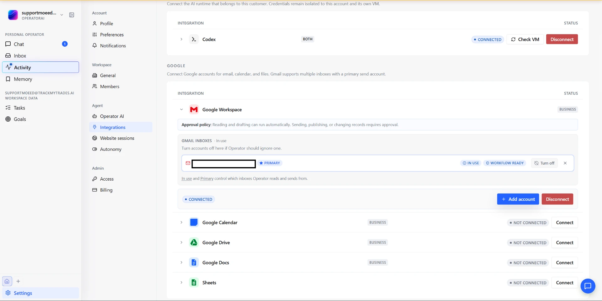 Google Workspace integration connected in Operator AI, with a Gmail inboxes panel showing an in-use primary inbox, an Add account button and a Disconnect button.