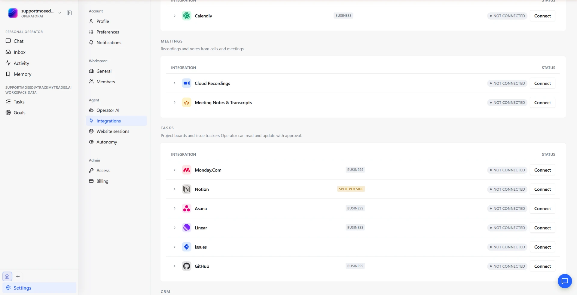Integration catalogue in Operator AI listing Calendly, cloud recordings, meeting notes, Monday.com, Notion, Asana, Linear, Issues and GitHub, each with a connection status and Connect button.