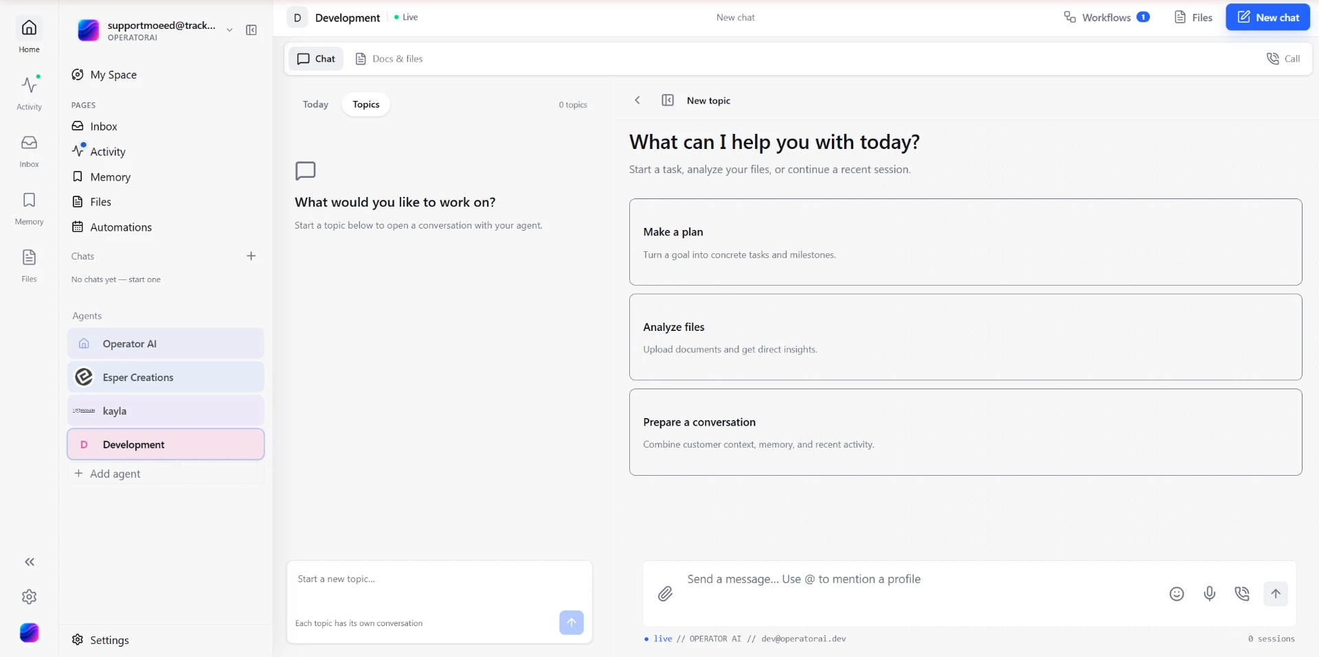 Operator AI workspace with a three-column layout: a left sidebar listing agents (Operator AI, Esper Creations, kayla, Development) with Development selected and Live status, a center Topics list for starting a new topic, and the main workspace showing 'What can I help you with today?' with Make a plan, Analyze files and Prepare a conversation action cards above a message input.