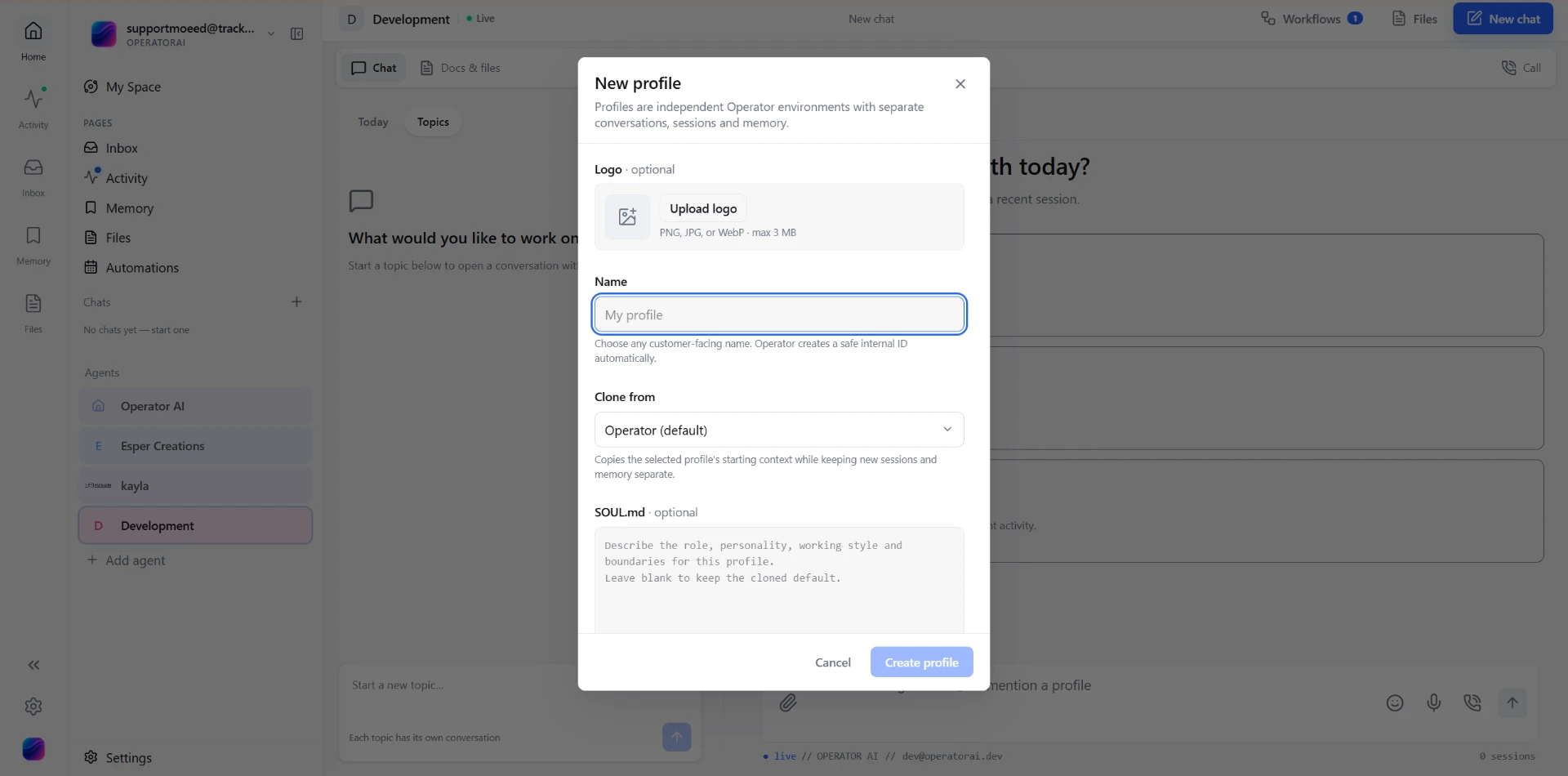 New profile dialog in Operator AI with fields for an optional logo, a name, a Clone from selector set to Operator (default) and an optional SOUL.md description.