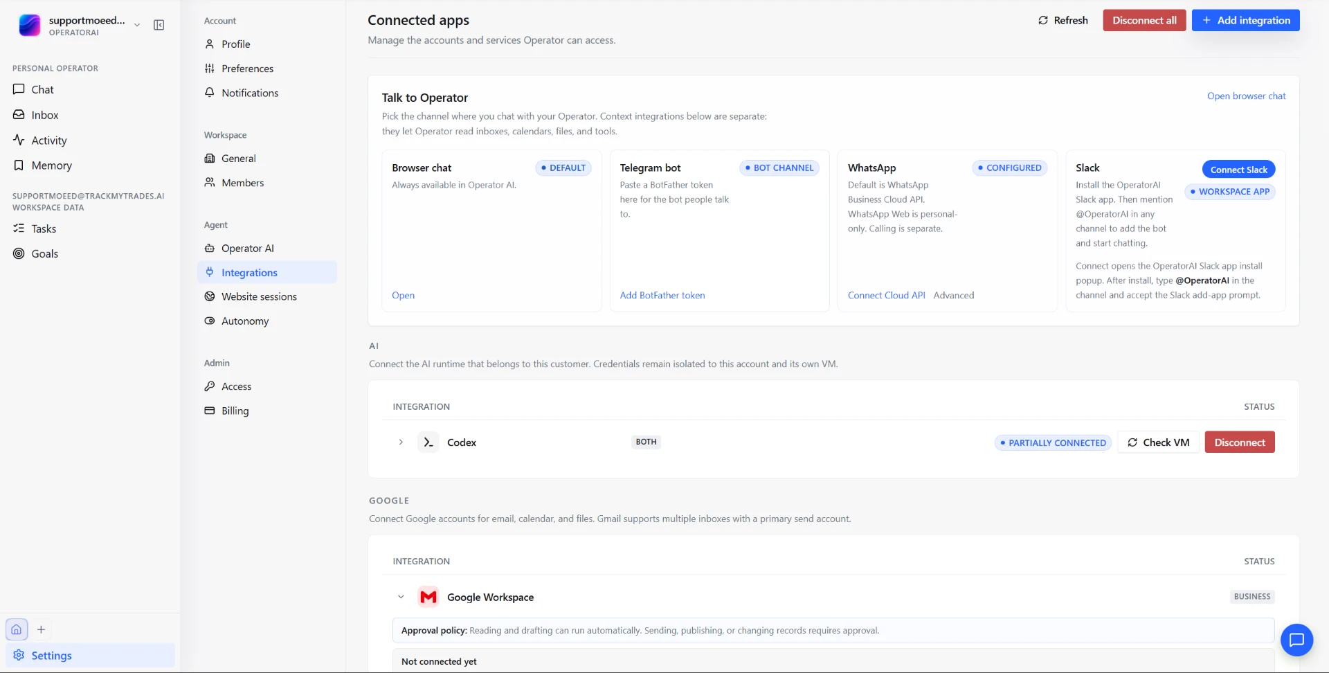 Connected apps settings in Operator AI, showing Talk to Operator channels for browser chat, Telegram, WhatsApp and Slack above the AI and Google integration sections.