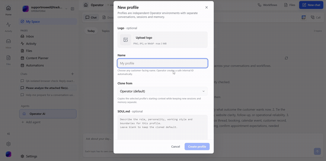 Screen recording of creating a new profile in Operator AI: opening New profile from the Today screen, naming it, choosing what to clone from, pasting a SOUL.md and creating the profile.