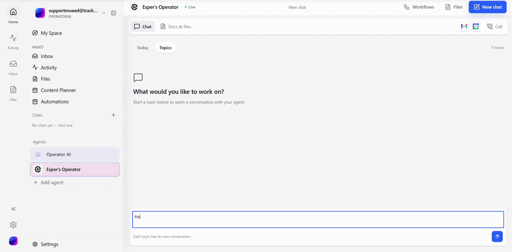 Screen recording of a chat with Operator: typing the question 'How many meetings do I have today', watching the live work steps run against the connected Google workspace, and receiving the answer.